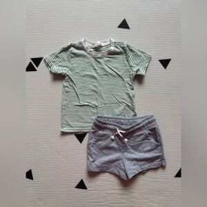H&M|Baby girl/toddler Striped Green and white tee & Heather gray cotton shorts•